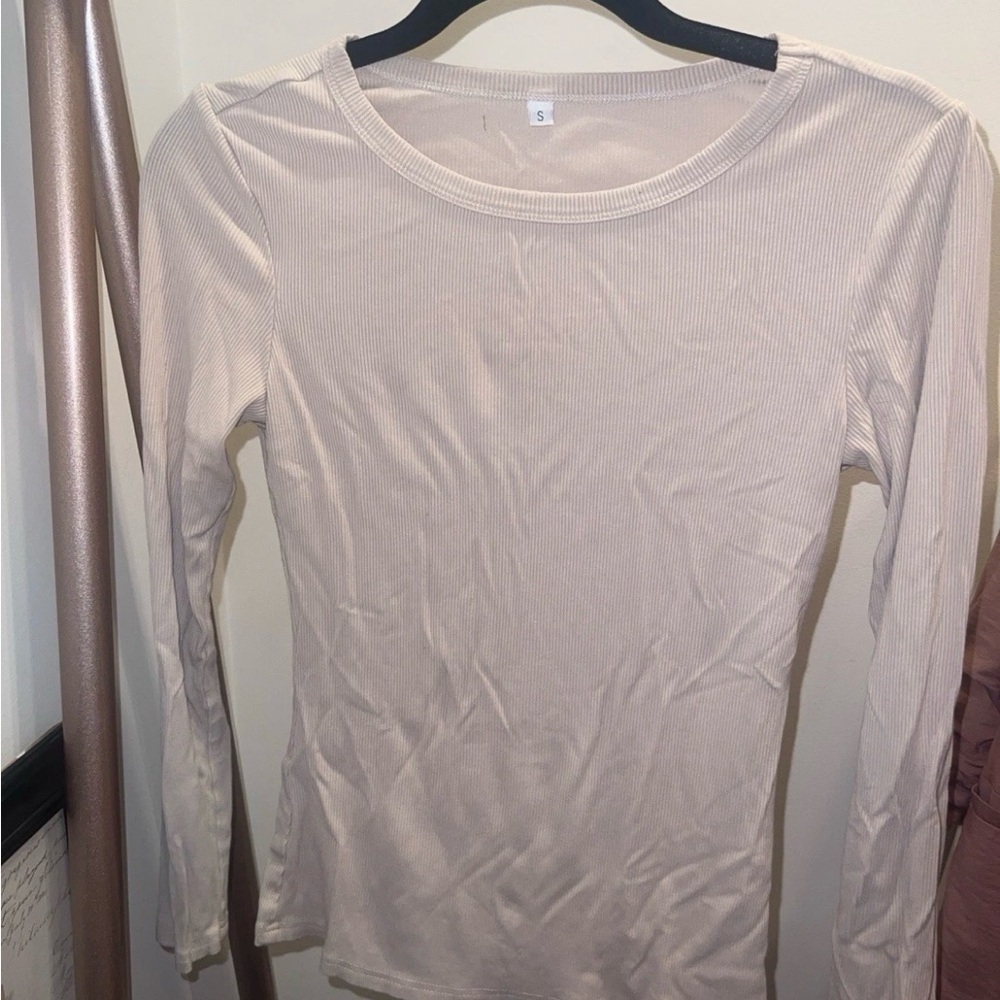 Women’s Long Sleeve Ribbed Crewneck Top - Beige